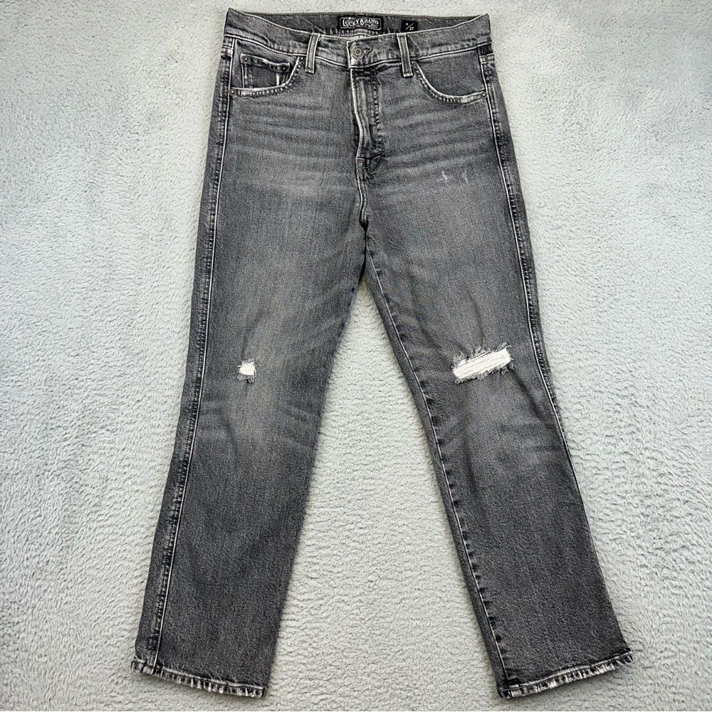 Lucky Brand Jeans Womens 4/27 Gray Straight Crop Distressed Whiskers Preppy